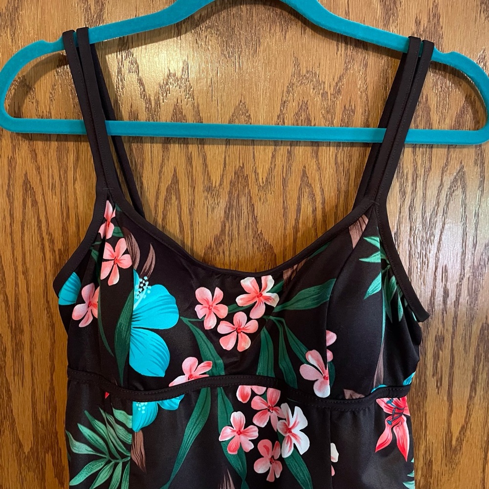 Floral Brown Swim Dress with Pink and Blue Accents Size 16 - Picture 3 of 8